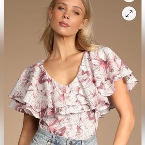 NEW Lulus Lovely Style White Floral Print Ruffled Short Sleeve Bodysuit Sz M NWT